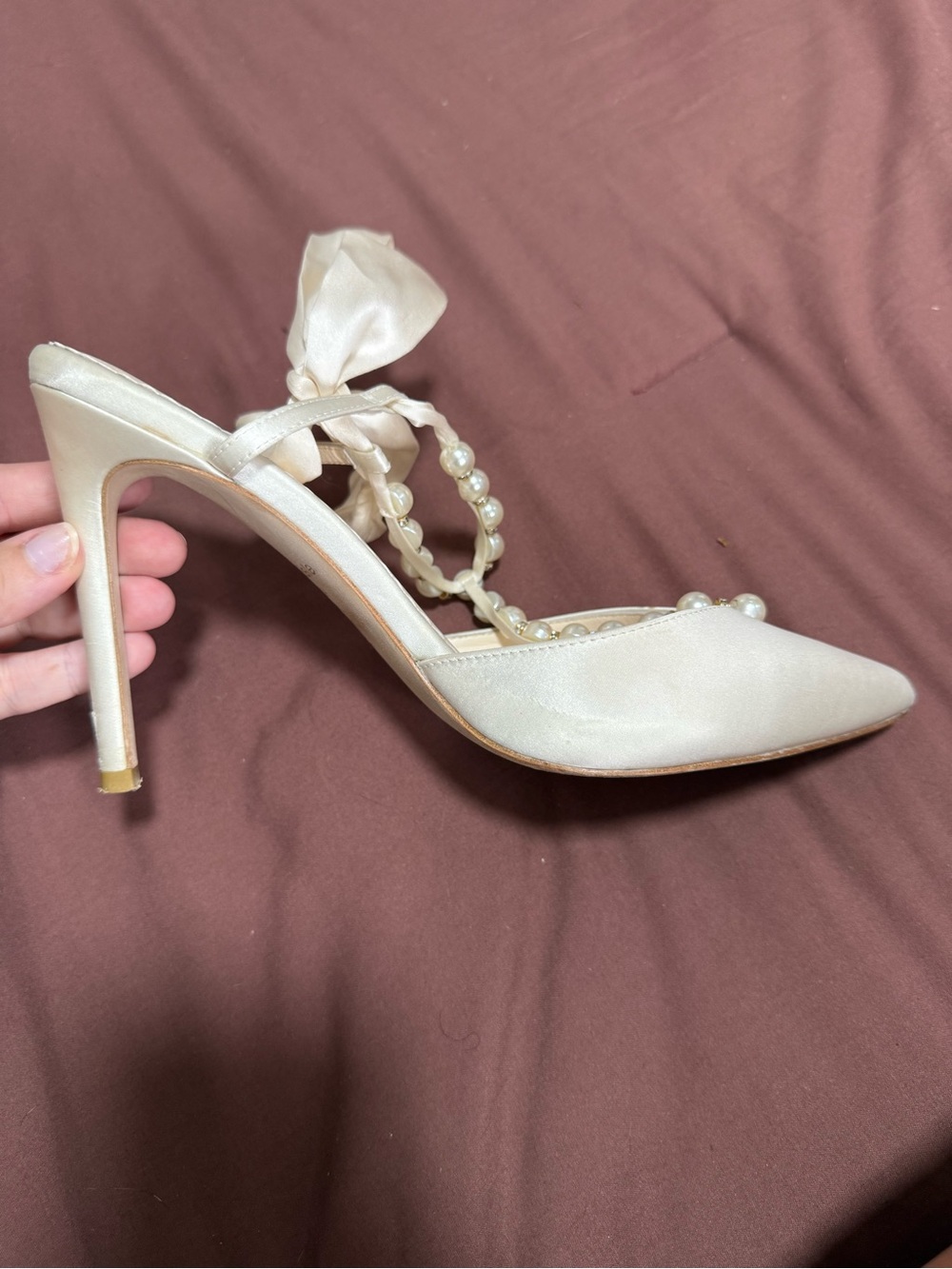 Bella Belle Lisbeth Bridal Heels- Pearl-Trim Satin Pointed-Toe Heels in Ivory - Picture 6 of 15